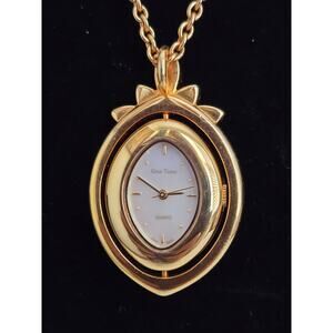 Vintage Gem Time Gold Tone Watch Pendant Necklace w/Mother of Pearl Asian Theme